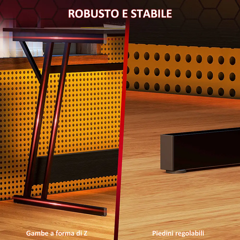 HOMCOM  Γραφείο Gaming με LED Φώτα και Υποστήριξη για Οθόνη, από Μοριοσανίδα και Ατσάλι, 100x60x88.5 εκ., Μαύρο  920-094V90BK