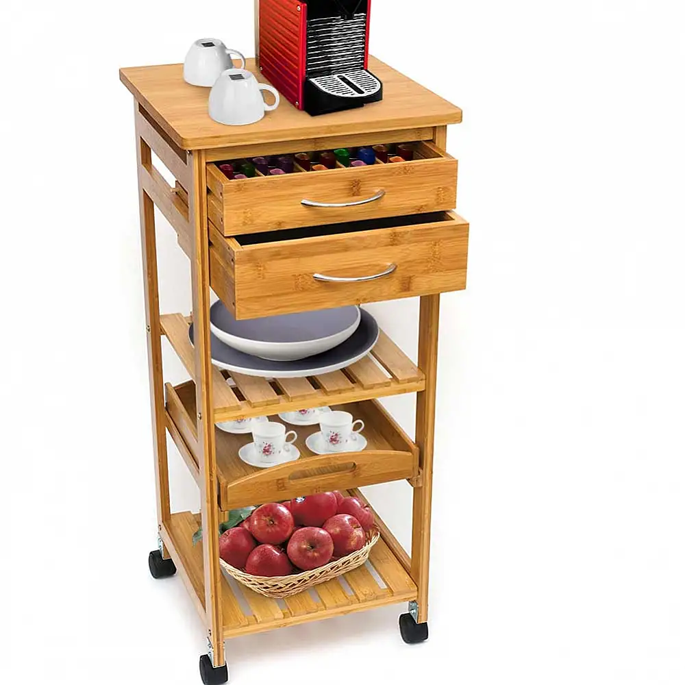 BAKAJI  Ξύλινο Καρότσι Κουζίνας από Μπαμπού με 3 Ράφια, 2 Συρτάρια για Μαχαιροπίρουνα, Δίσκο και Ρόδες 02662778