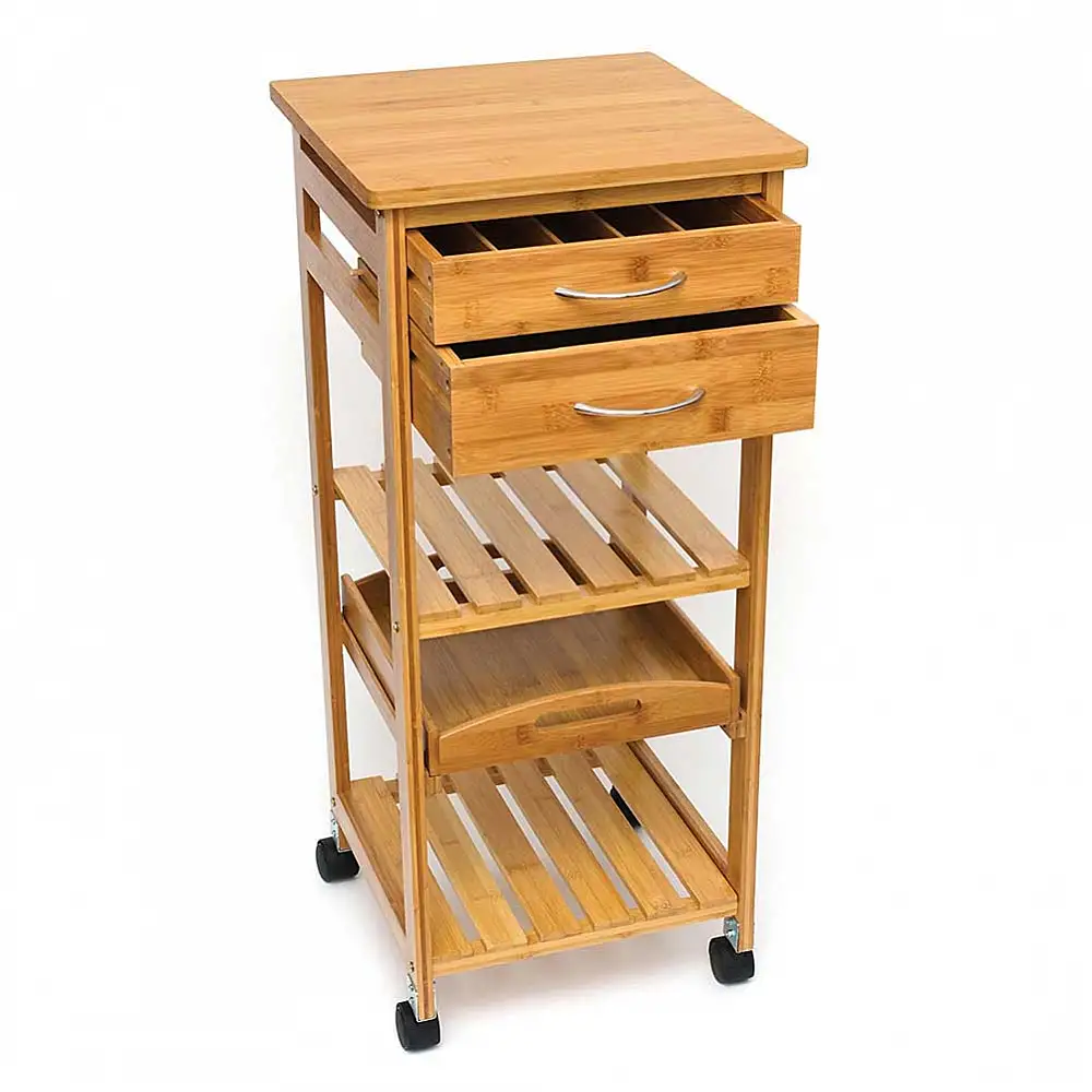 BAKAJI  Ξύλινο Καρότσι Κουζίνας από Μπαμπού με 3 Ράφια, 2 Συρτάρια για Μαχαιροπίρουνα, Δίσκο και Ρόδες 02662778