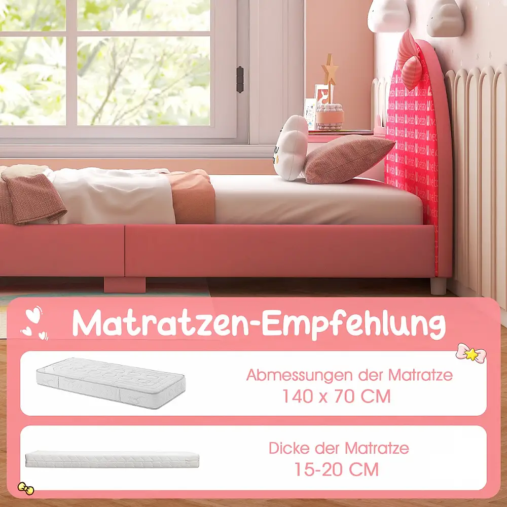 Costway  Ονειρεμένο Παιδικό Κρεβάτι με Σταθερό Ξύλινο Πλαίσιο και Διακοσμητικό Φιόγκο HY10202DE-PI