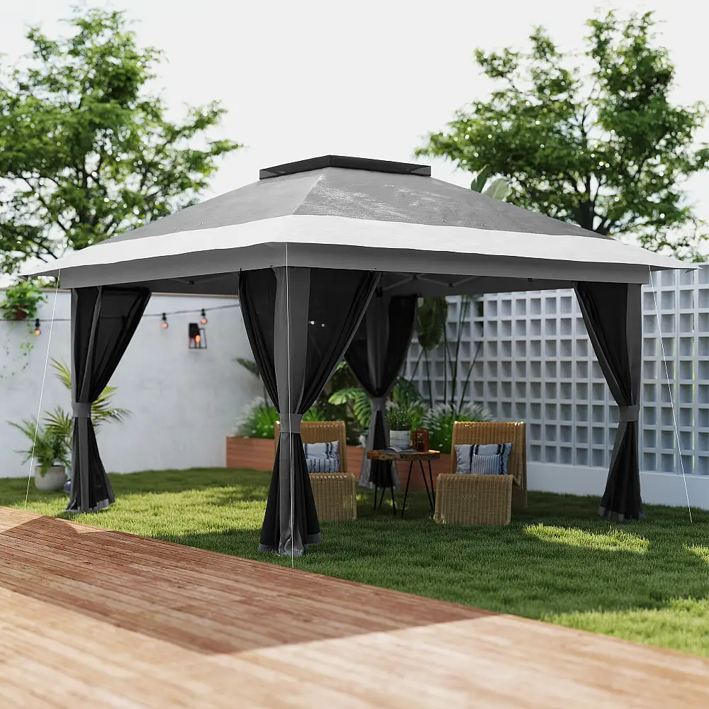 Outsunny  Πτυσσόμενο κιόσκι 3.6x3.6 m με τοίχους, ρυθμιζόμενο ύψος και προστασία UPF50+, τσάντα με ρόδες, γκρι.  84C-597V00CG
