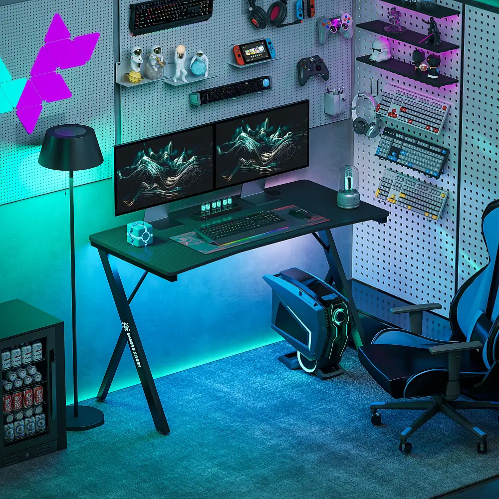 HOMCOM  Γραφείο Gaming με Ρυθμιζόμενα LED RGB Φώτα και Πόδια σε Σχήμα Κ, από Ξύλο και Ατσάλι, 120x60x75 εκ., Μαύρο  836-583V00BK