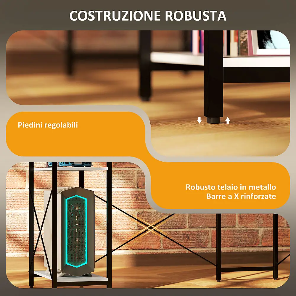 HOMCOM  Γωνιακό Γραφείο με Ηλεκτρική Πρίζα και USB, Ράφι και Βάση για Οθόνη, Λευκό και Μαύρο 137 x 140 x 139.5cm  836-591V91BK