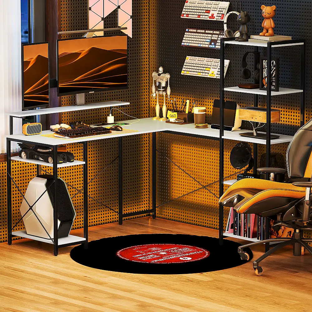 HOMCOM  Γωνιακό Γραφείο με Ηλεκτρική Πρίζα και USB, Ράφι και Βάση για Οθόνη, Λευκό και Μαύρο 137 x 140 x 139.5cm  836-591V91BK