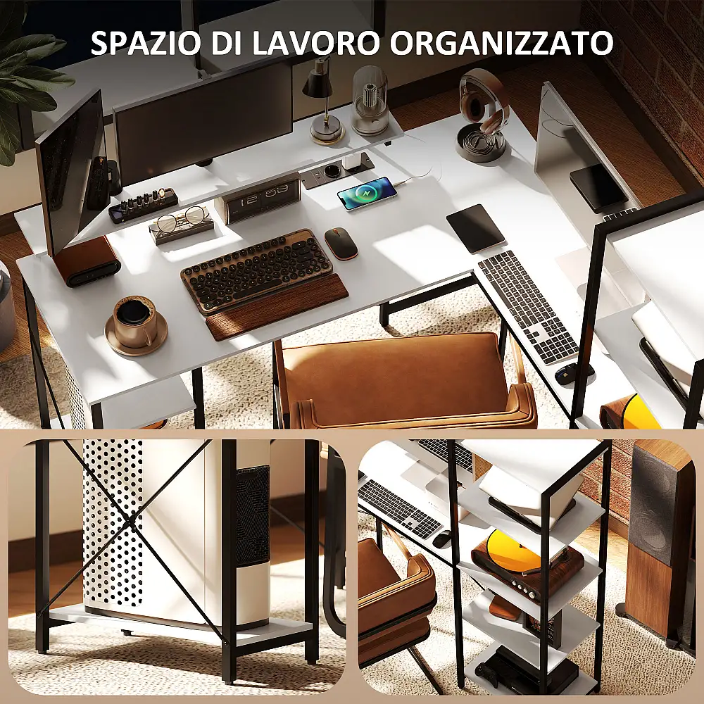 HOMCOM  Γωνιακό Γραφείο με Ηλεκτρική Πρίζα και USB, Ράφι και Βάση για Οθόνη, Λευκό και Μαύρο 137 x 140 x 139.5cm  836-591V91BK