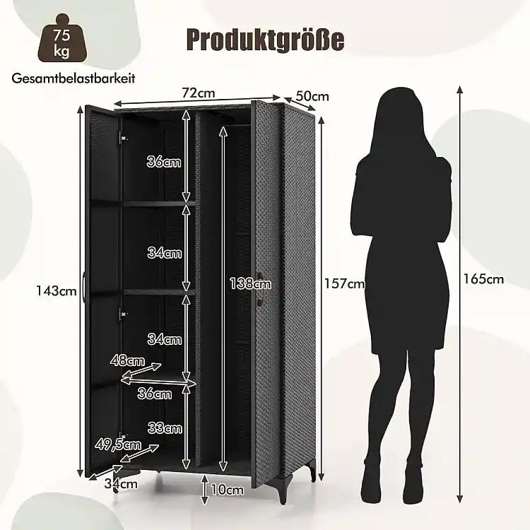 Costway  Πλεκτή Ντουλάπα Αποθήκευσης PE-Rattan με Ράγα & 4 Ράφια 72 x 50 x 157 cm  Μαύρο JZ10260DK