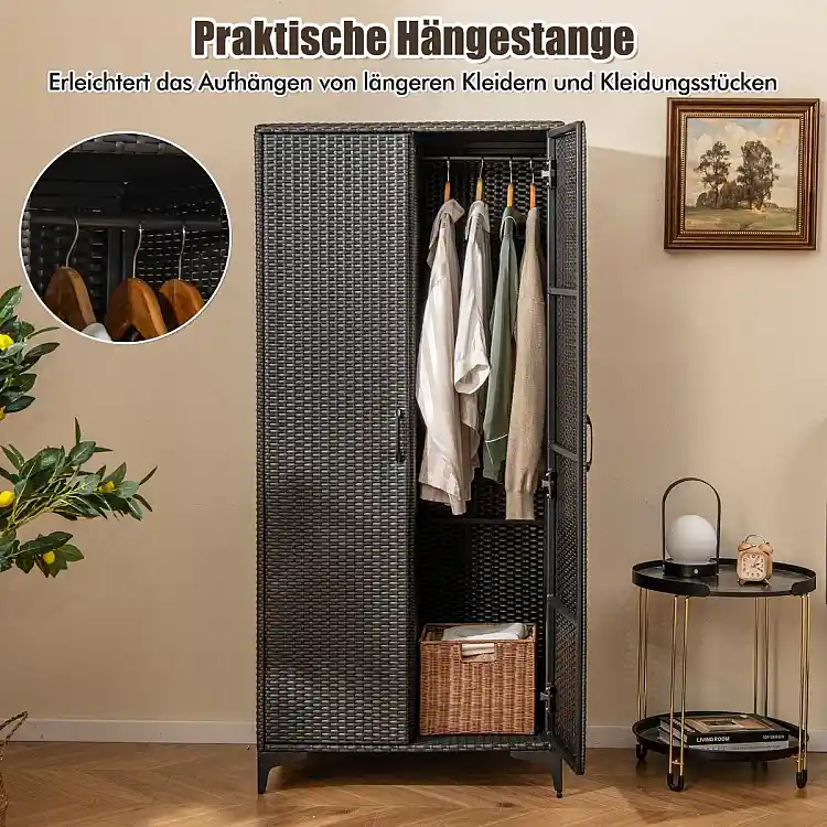 Costway  Πλεκτή Ντουλάπα Αποθήκευσης PE-Rattan με Ράγα & 4 Ράφια 72 x 50 x 157 cm  Μαύρο JZ10260DK