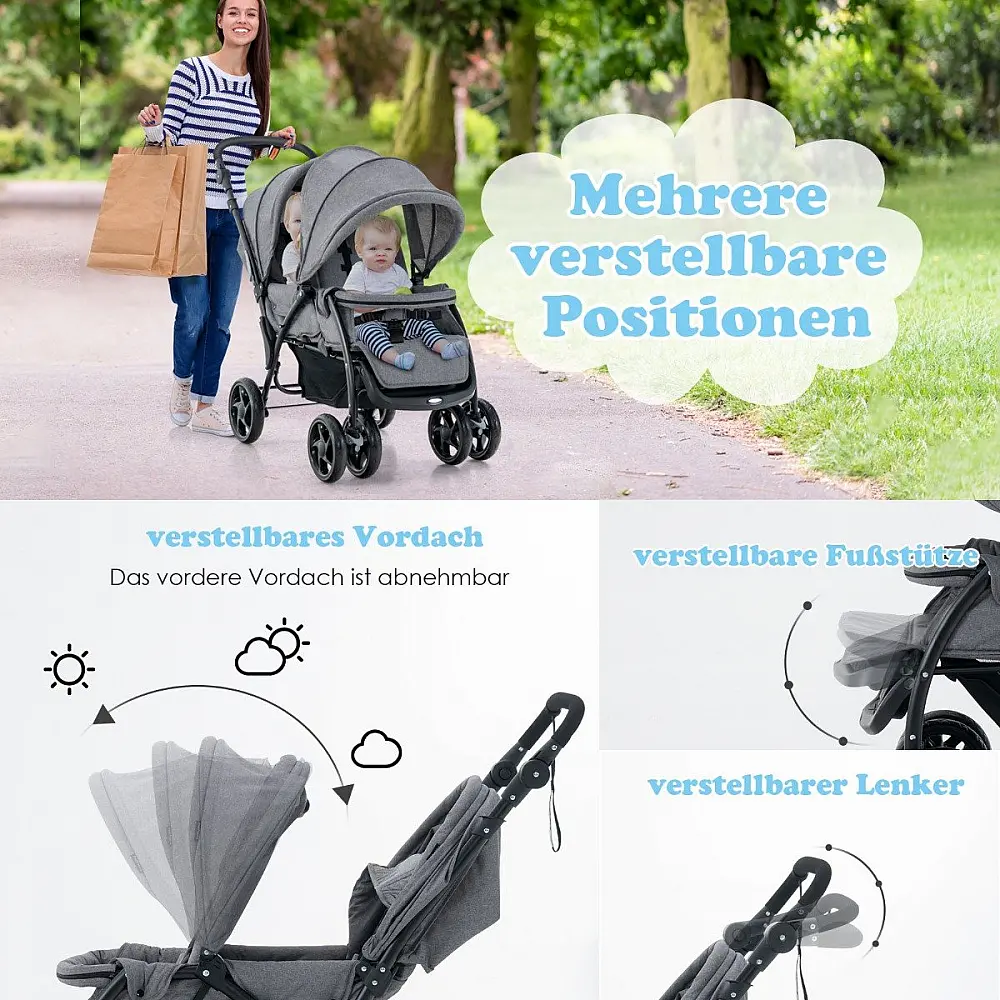 Costway  Άνετο Διπλό Καροτσάκι με Ρυθμιζόμενα Καθίσματα και Σύστημα Ασφαλείας 5 Σημείων BC10248GR