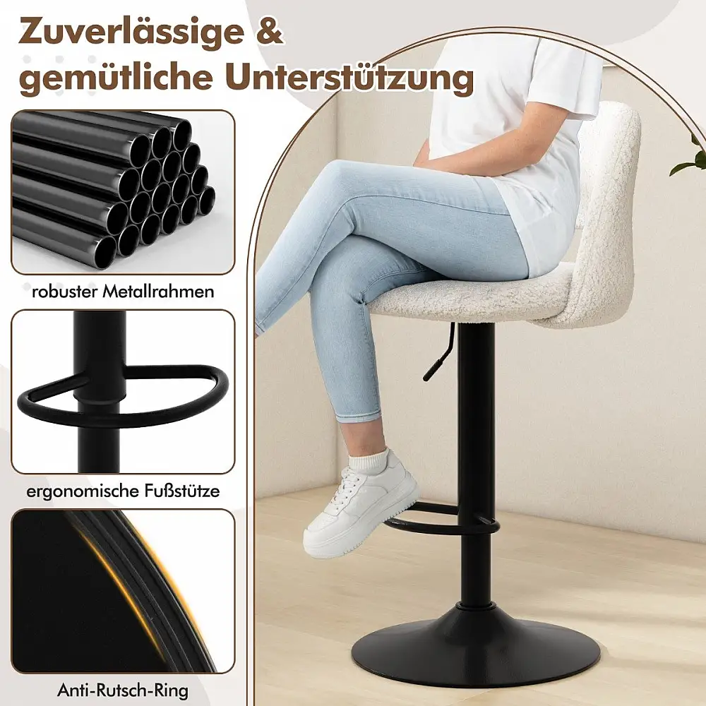 Costway Περιστρεφόμενα Σκαμπό Μπαρ με Ρυθμιζόμενο Ύψος και Πλάτη από Μαλακό Ύφασμα Teddystoff JV11952WH-2