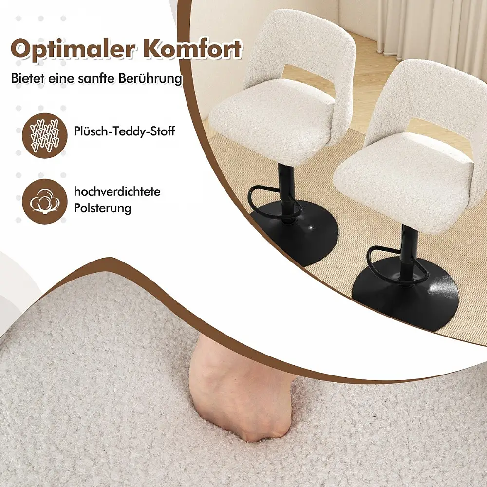 Costway Περιστρεφόμενα Σκαμπό Μπαρ με Ρυθμιζόμενο Ύψος και Πλάτη από Μαλακό Ύφασμα Teddystoff JV11952WH-2