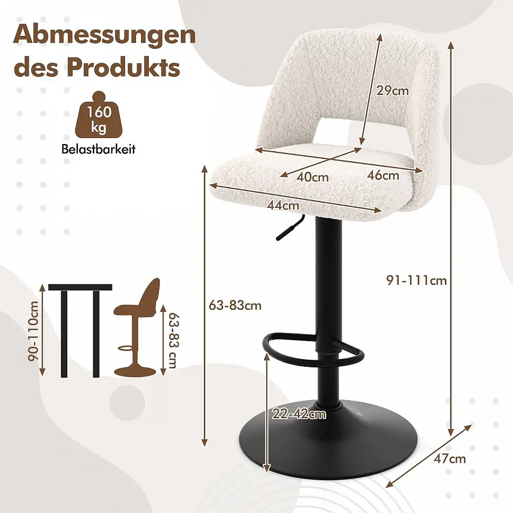 Costway Περιστρεφόμενα Σκαμπό Μπαρ με Ρυθμιζόμενο Ύψος και Πλάτη από Μαλακό Ύφασμα Teddystoff JV11952WH-2