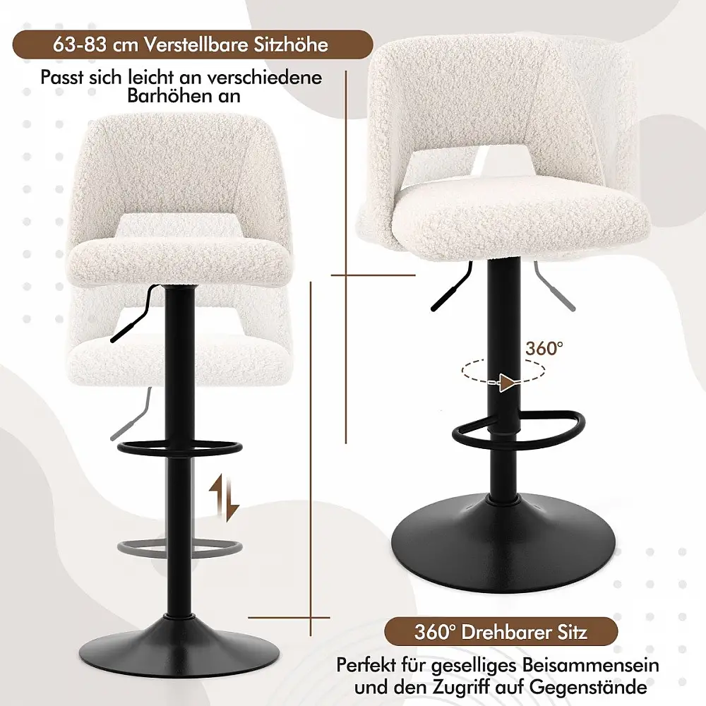 Costway Περιστρεφόμενα Σκαμπό Μπαρ με Ρυθμιζόμενο Ύψος και Πλάτη από Μαλακό Ύφασμα Teddystoff JV11952WH-2