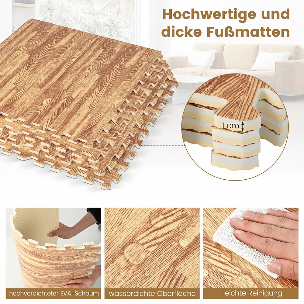 Costway  Υψηλής Ποιότητας Αδιάβροχα Πατάκια Δαπέδου με Ξύλινη Υφή - Σετ 12 Τεμαχίων για Εσωτερικούς Χώρους HZ10151