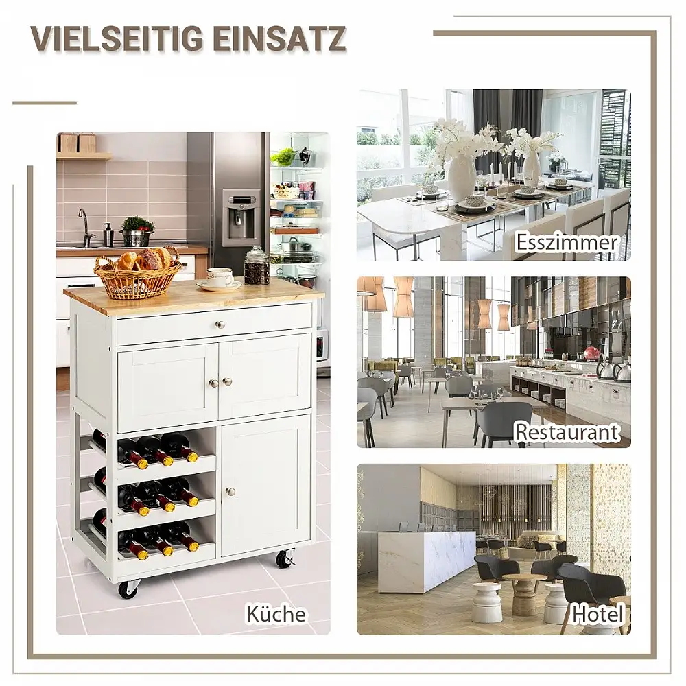 Costway  Πολυλειτουργικό Ξύλινο Καρότσι Κουζίνας με Μεγάλο Χώρο Αποθήκευσης και Ρόδες HW67062WH