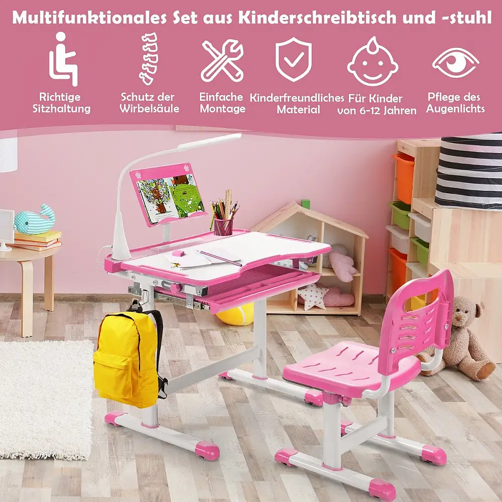 Costway  Παιδικό Σετ Γραφείου με Ρυθμιζόμενο Ύψος και LED Φωτιστικό HW67622PI