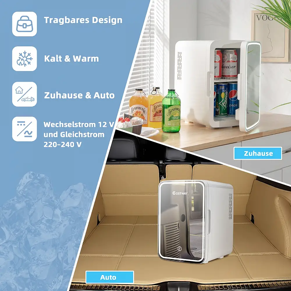 Costway  Πολυλειτουργικό Mini Ψυγείο με Καθρέφτη και Ρυθμιζόμενο Φωτισμό - 10L, Φορητό για Σπίτι και Αυτοκίνητο EP25581DE-WH