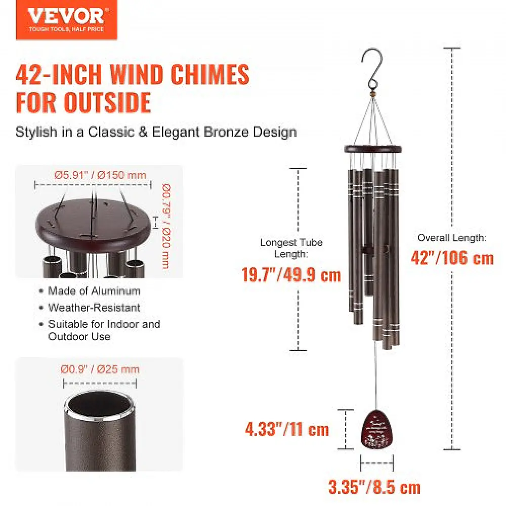 VEVOR Καμπανάκια ανέμου για εξωτερικό χώρο 1067 mm, αλουμινένια μνημειακά καμπανάκια με βαθύ τόνο. JSFLZS42INCHJ4LJ9V0