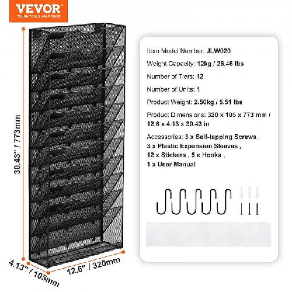 VEVOR Ράφι Τοίχου Αρχείων, Μεταλλική Θήκη Τοίχου 1 Τεμάχιο με 12 Θήκες για Γραφείο/Σχολείο WJBGJHSWJSWSYY6MCV0