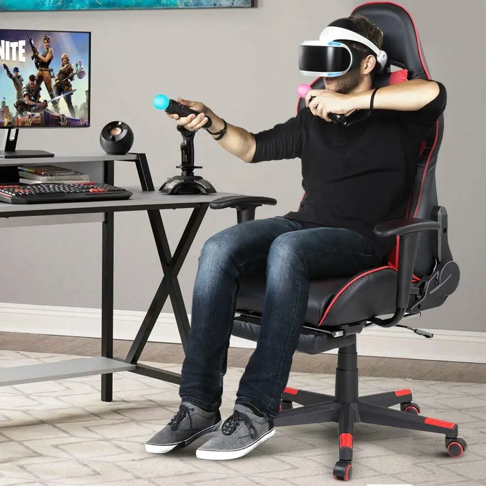 BAKAJI  Καρέκλα Πολυθρόνα Gaming Γραφείου Σπιτιού Ανακλινόμενη με Υποπόδιο Κόκκινη  02837447