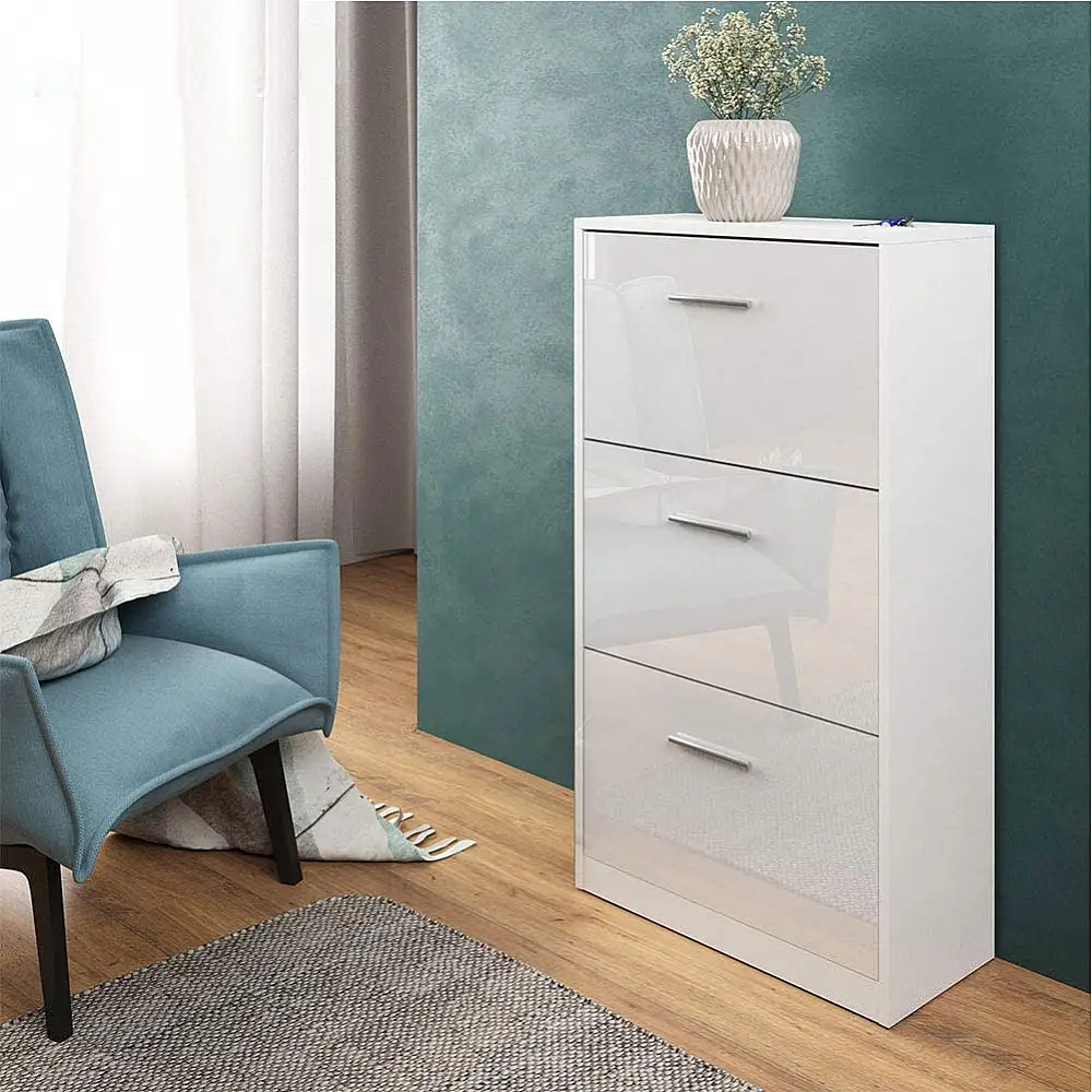 BAKAJI  Παπουτσοθήκη 3 Πόρτες Ράφια Διπλού Βάθους σε Ξύλο 59x22x105 εκ Λευκό Γυαλιστερό  02813468