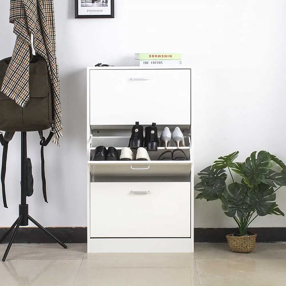 BAKAJI  Παπουτσοθήκη 3 Πόρτες Ράφια Διπλού Βάθους σε Ξύλο 59x22x105 εκ Λευκό Γυαλιστερό  02813468