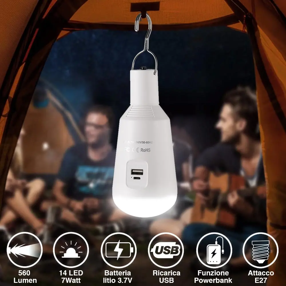 BAKAJI  Λάμπα με Μπαταρία USB E27 Φως Led Λάμπα Έκτακτης Ανάγκης Κατασκήνωσης με Powerbank  02833491
