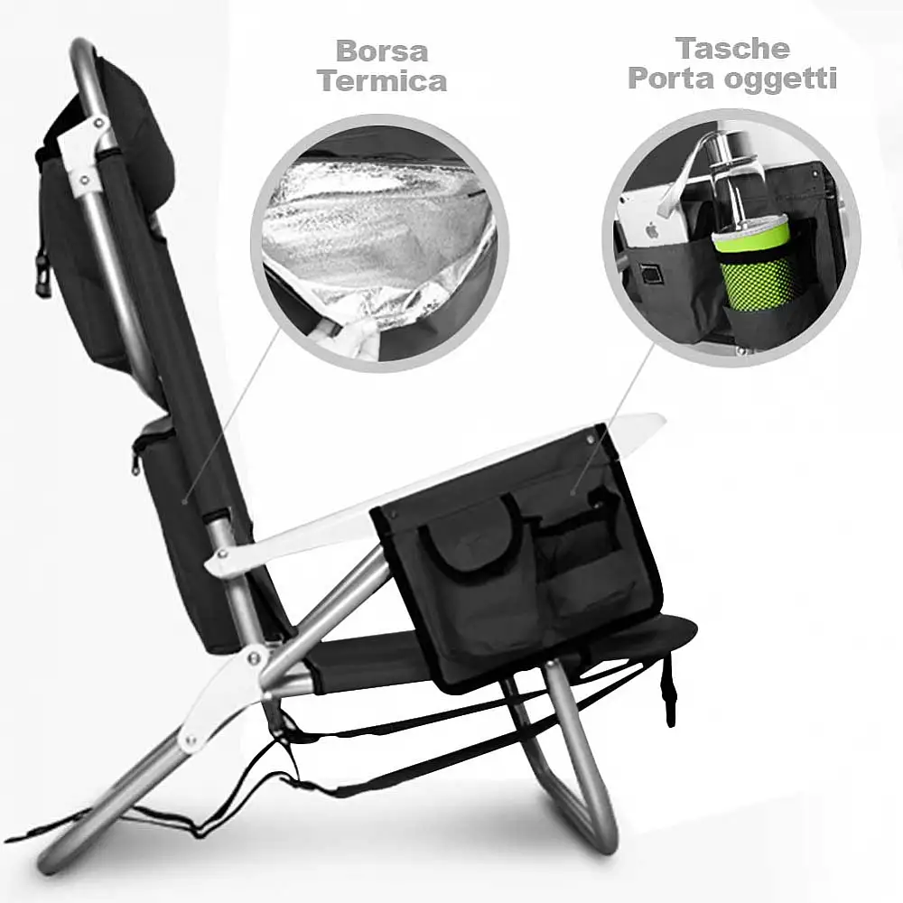BAKAJI  Πτυσσόμενη Καρέκλα Παραλίας Αλουμινίου με Θερμική Τσάντα και Ιμάντες Ώμου Μαύρο  02824409