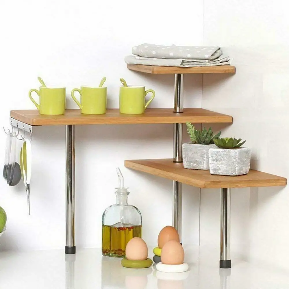 BAKAJI  Γωνιακό Ράφι Κουζίνας με 3 Ράφια από Ξύλο Μπαμπού και Ατσάλι Γωνιακό Έπιπλο  02832578