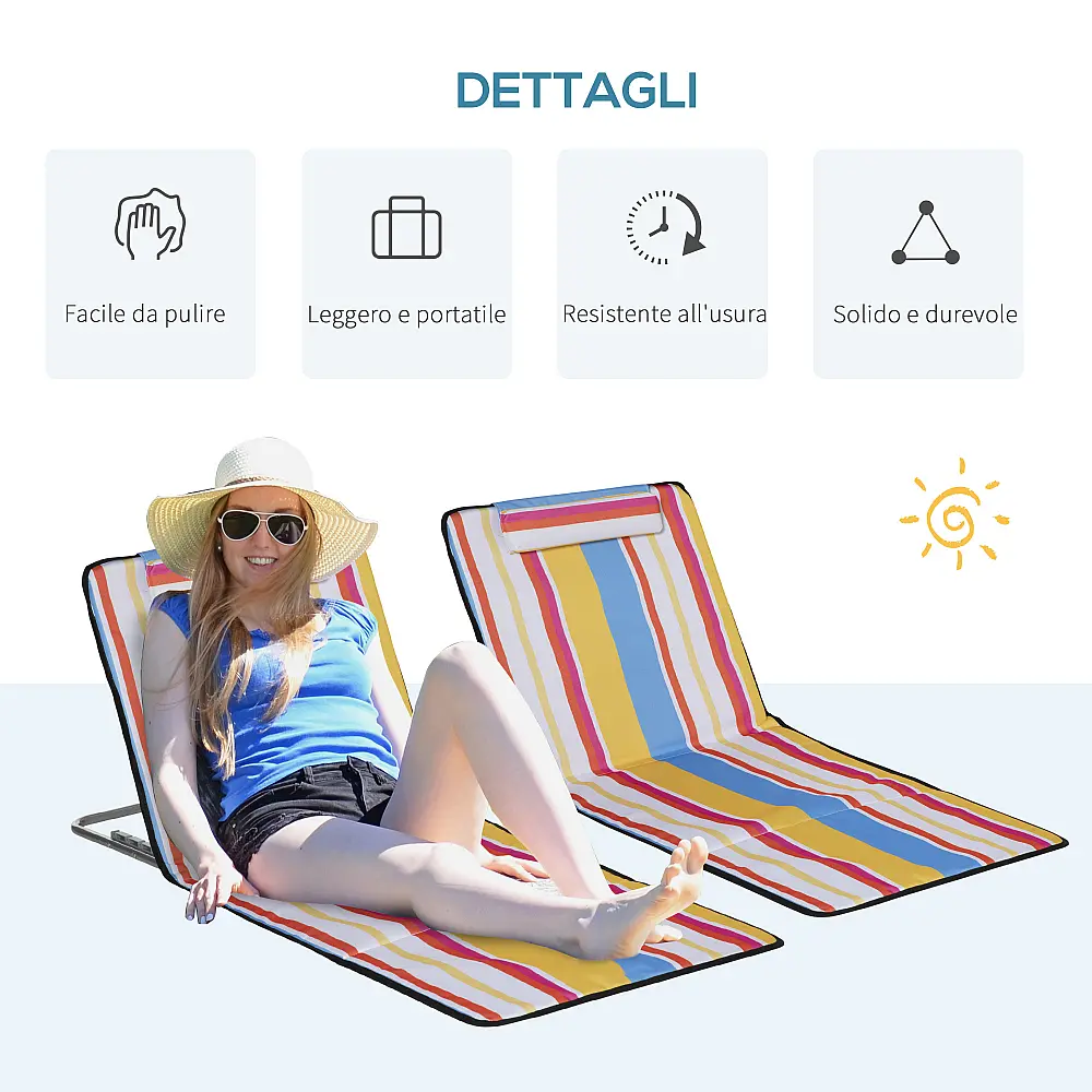 Outsunny Σετ 2 Πτυσσόμενες Ξαπλώστρες Παραλίας με Ρυθμιζόμενη Πλάτη και Μαξιλάρι Κεφαλής, 53x124x35-45 εκ., Πολύχρωμο A20-205MX
