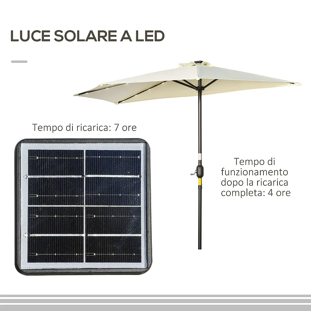 Outsunny Ημικυκλική Ομπρέλα με Μανιβέλα, 20 Φώτα LED και Ηλιακό Πάνελ, 265x135x240 εκ., Μπεζ 84D-231V00BG