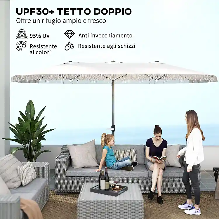 Outsunny Διπλή Ομπρέλα με 12 Ακτίνες και Μανιβέλα, από Πολυεστέρα και Ατσάλι, 450x265x260 εκ., Λευκό Κρέμα 84D-337V00CW