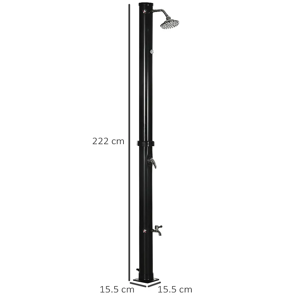 Outsunny Ηλιακό ντους 20L με κάτω βρύση και ρυθμιζόμενη θερμοκρασία, από κράμα ψευδαργύρου, 15.5x15.5x222 cm, Μαύρο A20-322V00BK