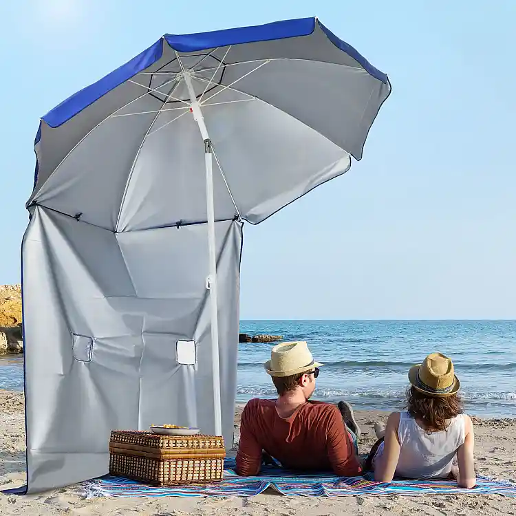 Outsunny Κεκλιμένη Ομπρέλα Παραλίας με Πλευρικές Κουρτίνες, από Πολυεστέρα και Ατσάλι, Ø191x211 εκ., Μπλε και Λευκό 84D-219V00DB