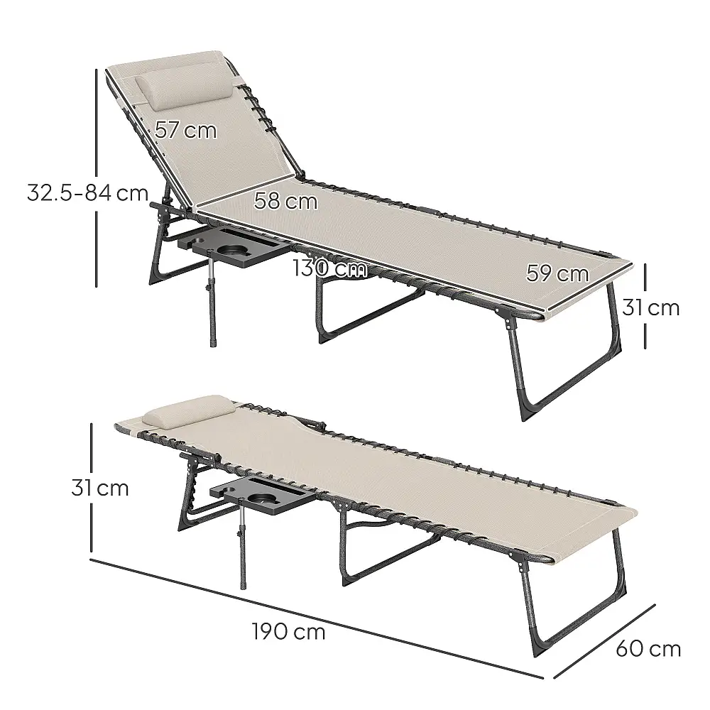 Outsunny Πτυσσόμενη και Ρυθμιζόμενη Ξαπλώστρα σε 5 Επίπεδα με Πλαϊνό Τραπέζι και Τσέπη, 60x190x31 εκ., Κρέμα 84G-721V00CW