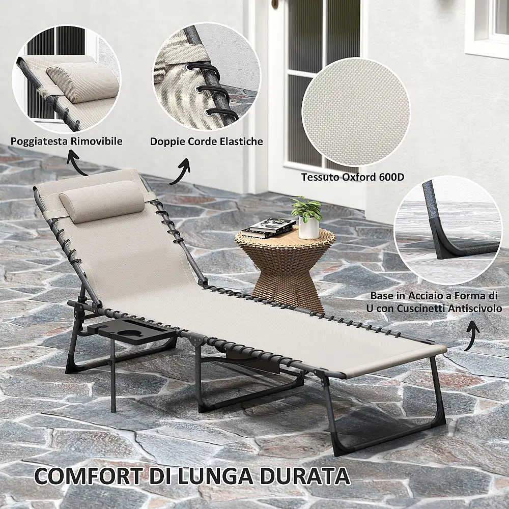 Outsunny Πτυσσόμενη και Ρυθμιζόμενη Ξαπλώστρα σε 5 Επίπεδα με Πλαϊνό Τραπέζι και Τσέπη, 60x190x31 εκ., Κρέμα 84G-721V00CW