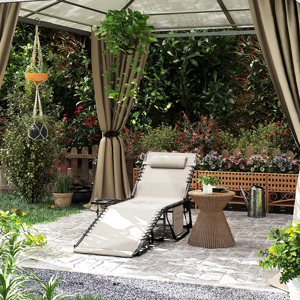 Outsunny Πτυσσόμενη και Ρυθμιζόμενη Ξαπλώστρα σε 5 Επίπεδα με Πλαϊνό Τραπέζι και Τσέπη, 60x190x31 εκ., Κρέμα 84G-721V00CW