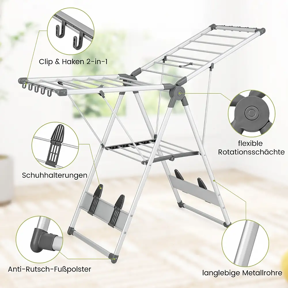 Costway  Πτυσσόμενη απλώστρα ρούχων με 5 επίπεδα ρύθμισης ύψους, 21 ράβδους απλώματος και 10 πλαϊνούς σφιγκτήρες 81–130 εκ. JZ10187