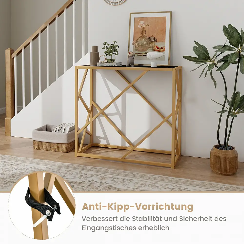 Costway  Κονσόλα 80 εκ. με Σκληρυμένο Γυαλί & Χρυσό Σκελετό Μαύρο Τραπέζι JV11213BK