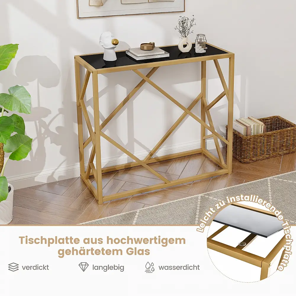Costway  Κονσόλα 80 εκ. με Σκληρυμένο Γυαλί & Χρυσό Σκελετό Μαύρο Τραπέζι JV11213BK