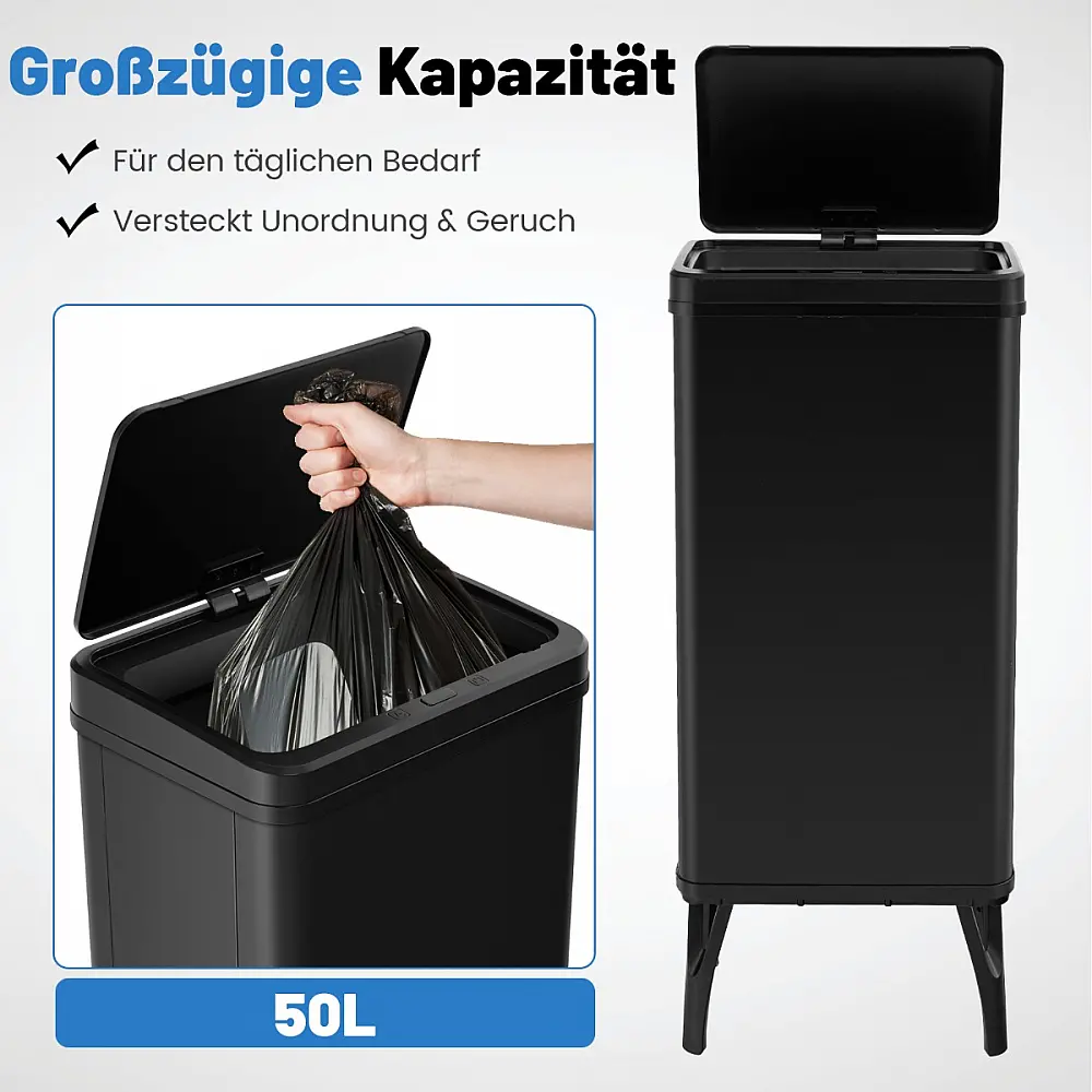 Costway  Ανοξείδωτος Κάδος Απορριμμάτων 50L με Αυτόματο Αισθητήρα Κίνησης Μαύρος 35 x 25 x 65 εκ. GY10017DK