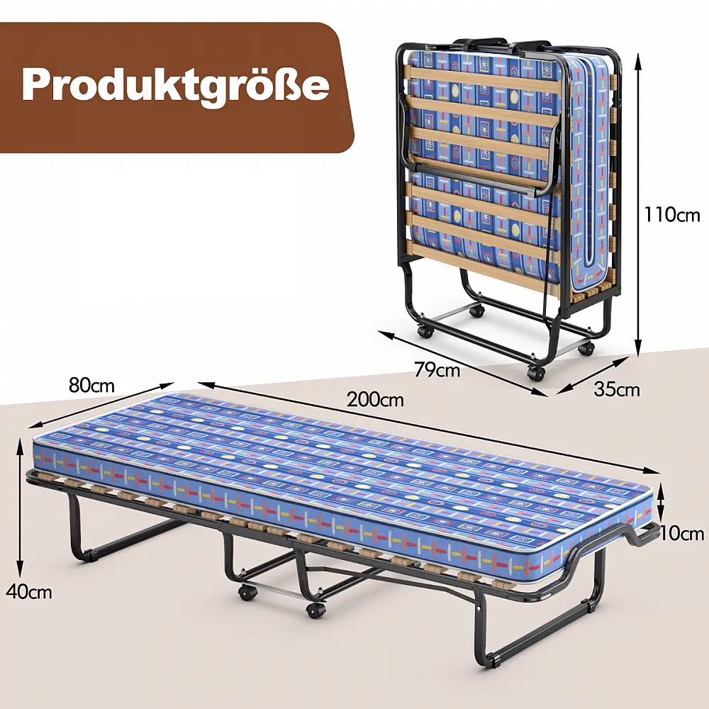Costway  Πτυσσόμενο κρεβάτι επισκεπτών 80 x 200 cm με στρώμα αφρού μνήμης, μπλε, κατασκευασμένο στην Ιταλία. HW72812BL