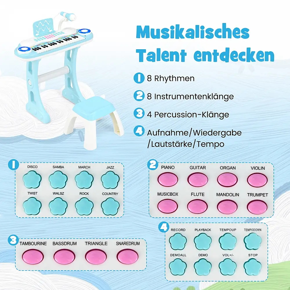 Costway  Παιδικό Ηλεκτρικό Πληκτρολόγιο 37 Πλήκτρων με Φως και Λειτουργία Εγγραφής & Αναπαραγωγής - Μπλε 48 x 23 x 6 εκ. TM10115BL