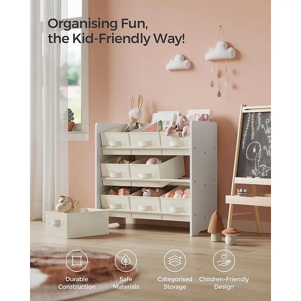 Παιδική Ραφιέρα με 9 Υφασμάτινα Κουτιά –  3 Επίπεδα – 62,5 x 29,5 x 60 cm – Λευκό GKR033W10 Songmics