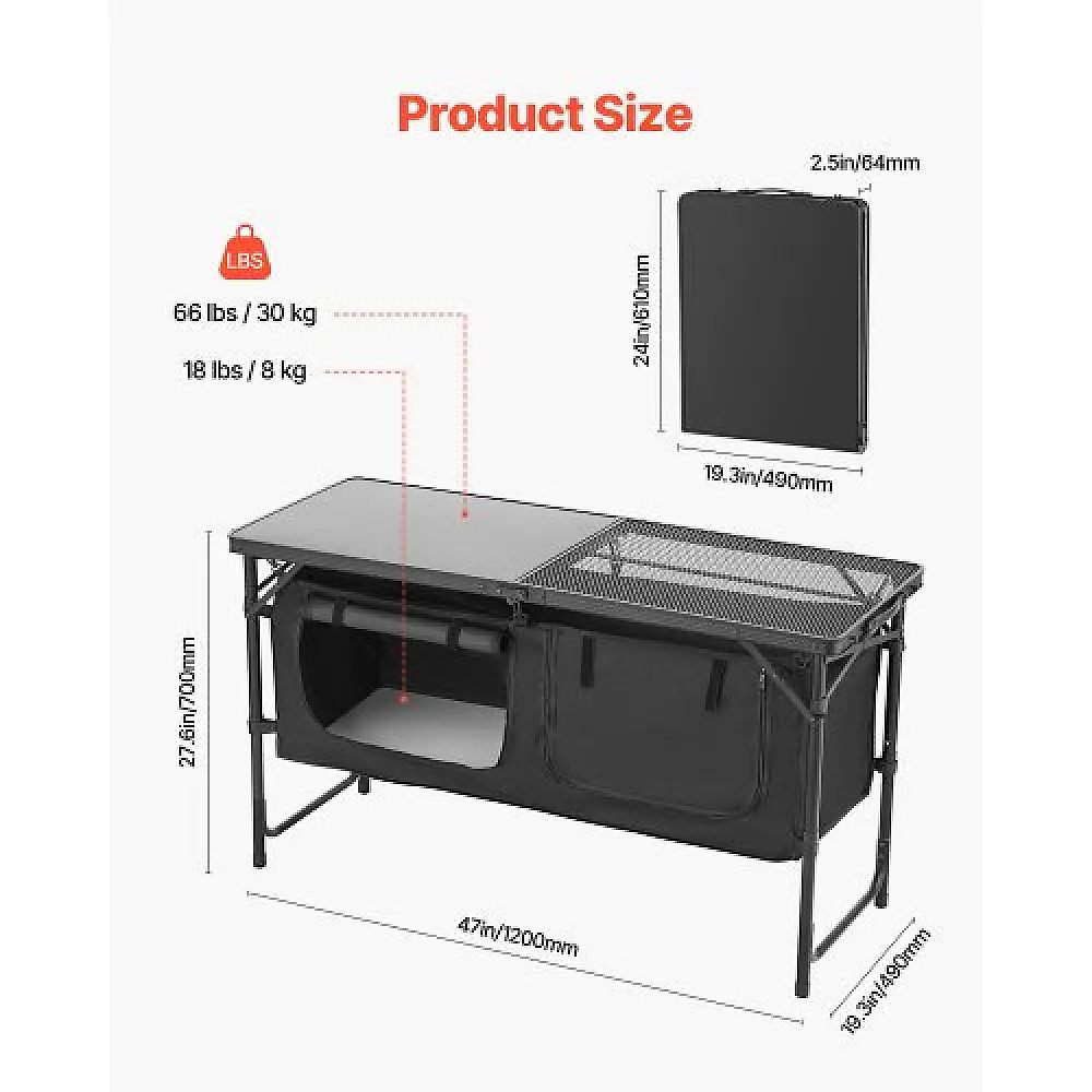 VEVOR Πτυσσόμενο Ρυθμιζόμενο Τραπέζι Κουζίνας Κατασκήνωσης με Αποθήκευση DCCWJKHSTWLSPDQC4V0