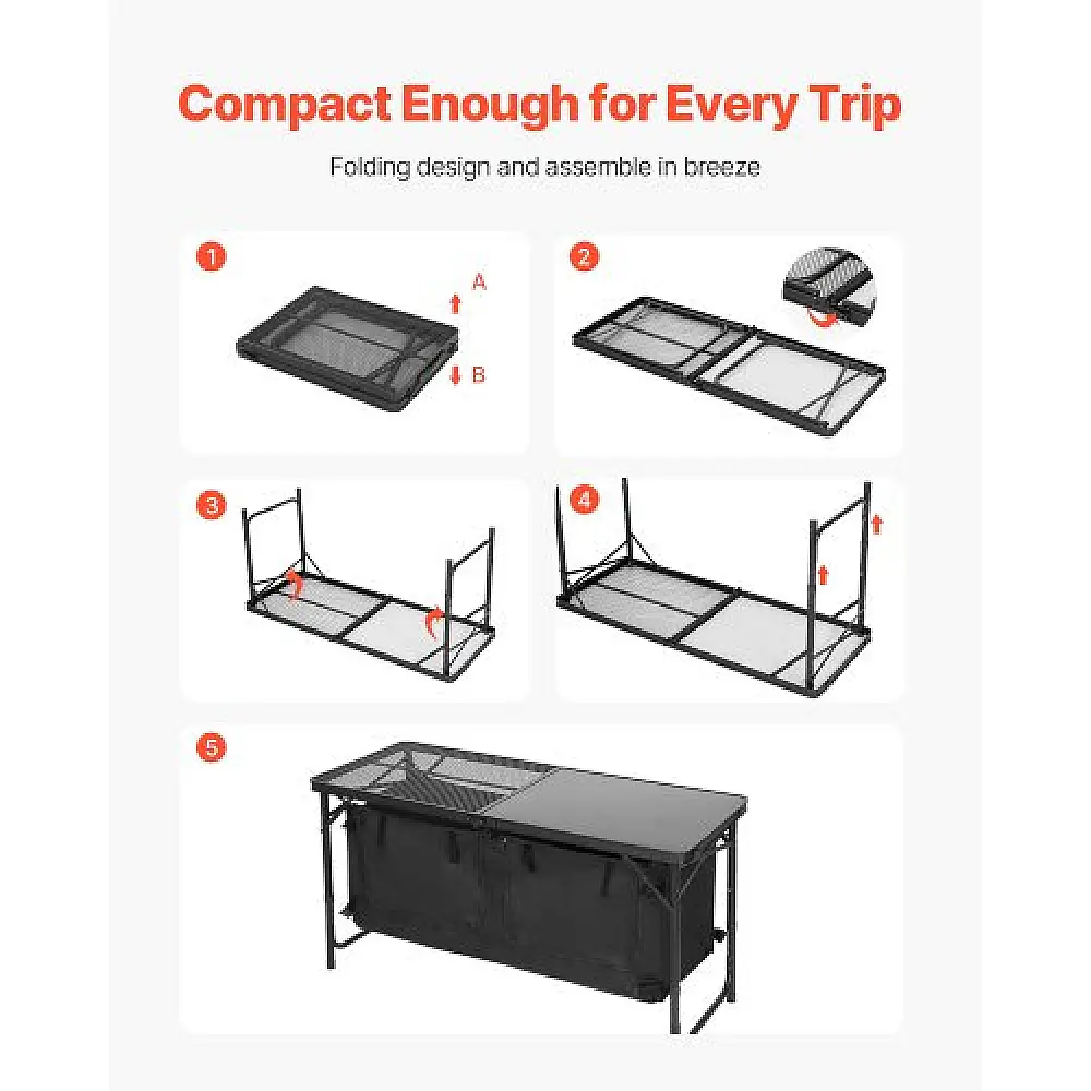 VEVOR Πτυσσόμενο Ρυθμιζόμενο Τραπέζι Κουζίνας Κατασκήνωσης με Αποθήκευση DCCWJKHSTWLSPDQC4V0