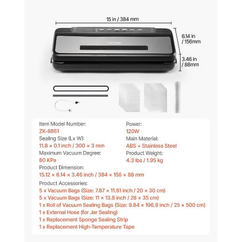 VEVOR Συσκευή Σφράγισης Κενού 7-σε-1 Αυτόματη 120W με Σακούλες & Ρολό JYJZKFKJ120W2845LV2