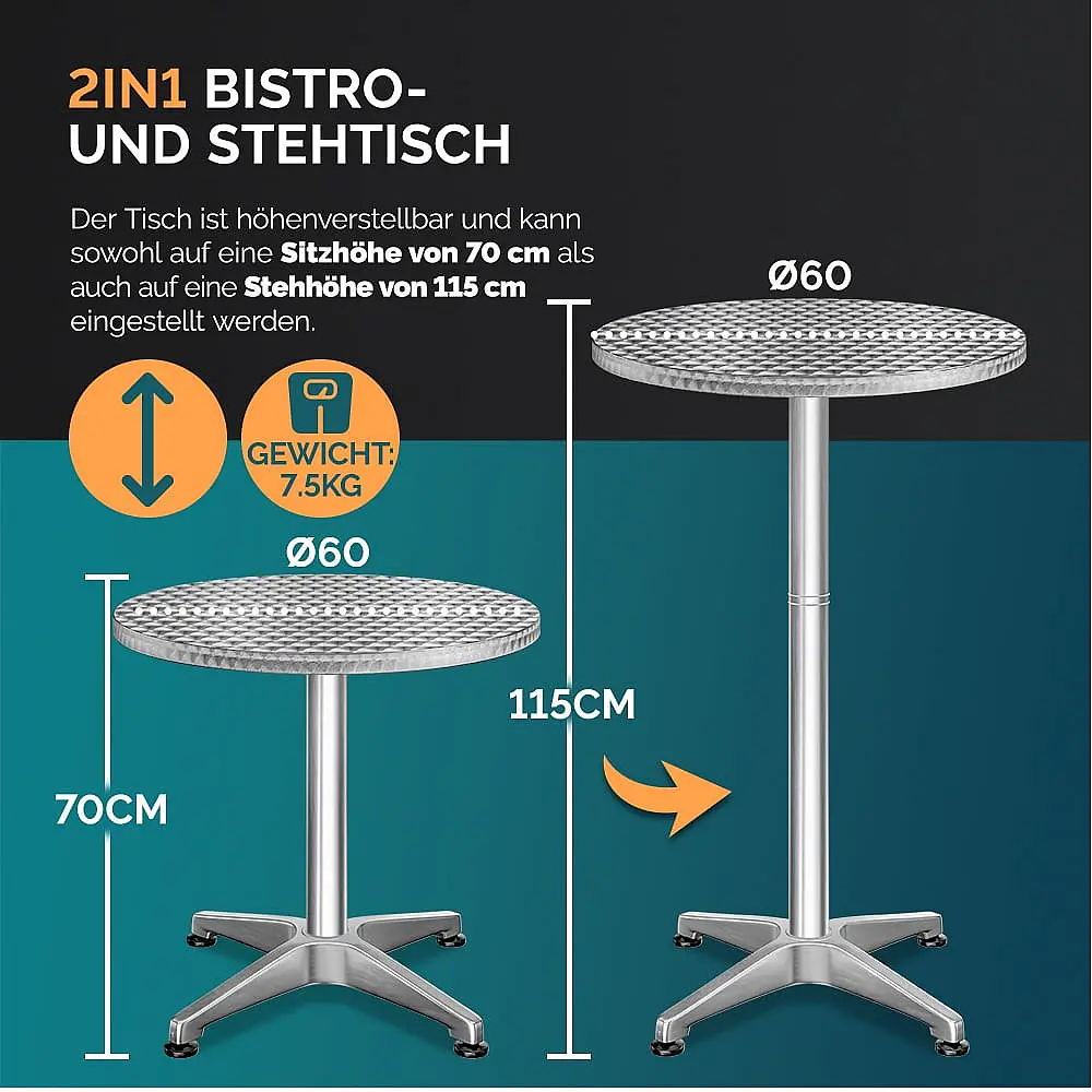 Casaria Ρυθμιζόμενο Αλουμινένιο Μπαρ Τραπέζι Ø60cm σε Ασημί Χρώμα 100591