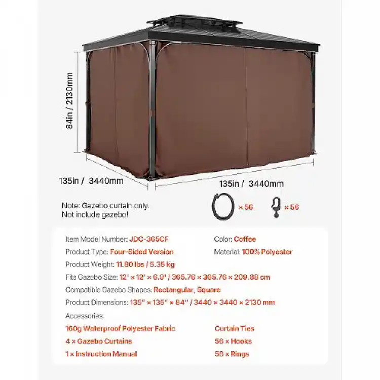 VEVOR Καφές Αδιάβροχες Κουρτίνες Κιόσκι 12' x 12' x 6.9' SMLTCL12FT12TZJSLV0