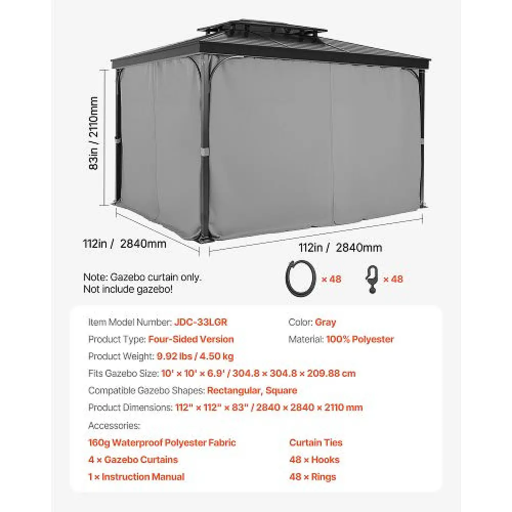 VEVOR Γκρι Αδιάβροχες Κουρτίνες Κιόσκι 10' x 10' x 6.9' SMLTCL10FT10TS9T6V0