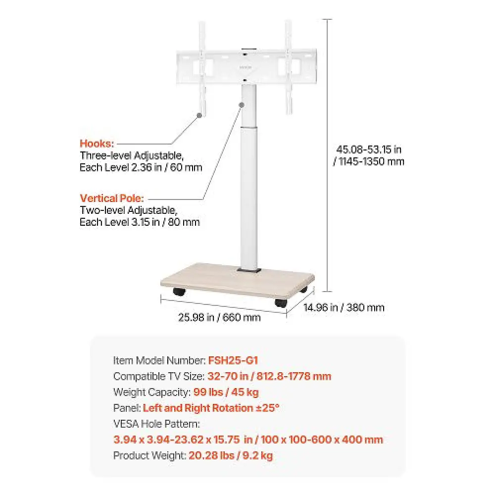 VEVOR Κινητό Τρόλεϊ Τηλεόρασης για Οθόνες 32-70 ιντσών έως 45 κιλά TYSDLDDSJZJDCSVJU001V0